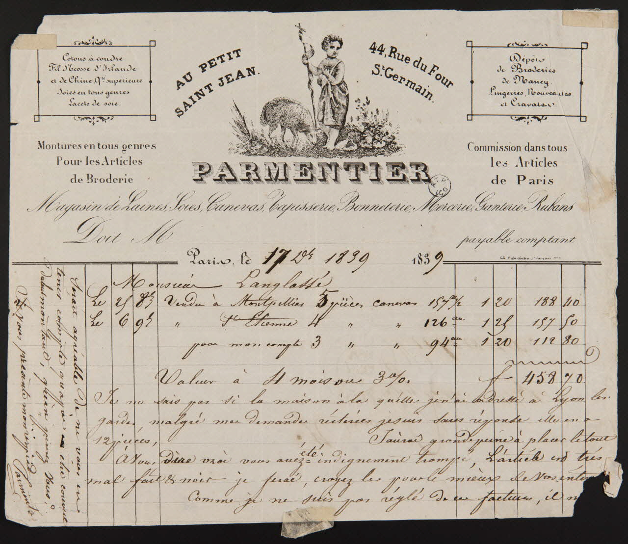 estampe AU PETIT  SAINT JEAN.  PARMENTIER  Magasin de Laines, Soies, Canevas, Tapisserie, Bonneterie, Mercerie, Ganterie, Rubans 1964.122.21 Photo
