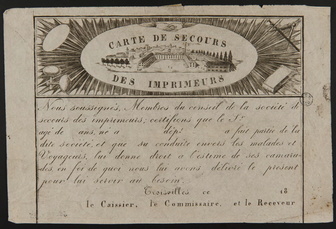 estampe CARTE DE SECOURS  DES IMPRIMEURS 1964.122.35 Photo