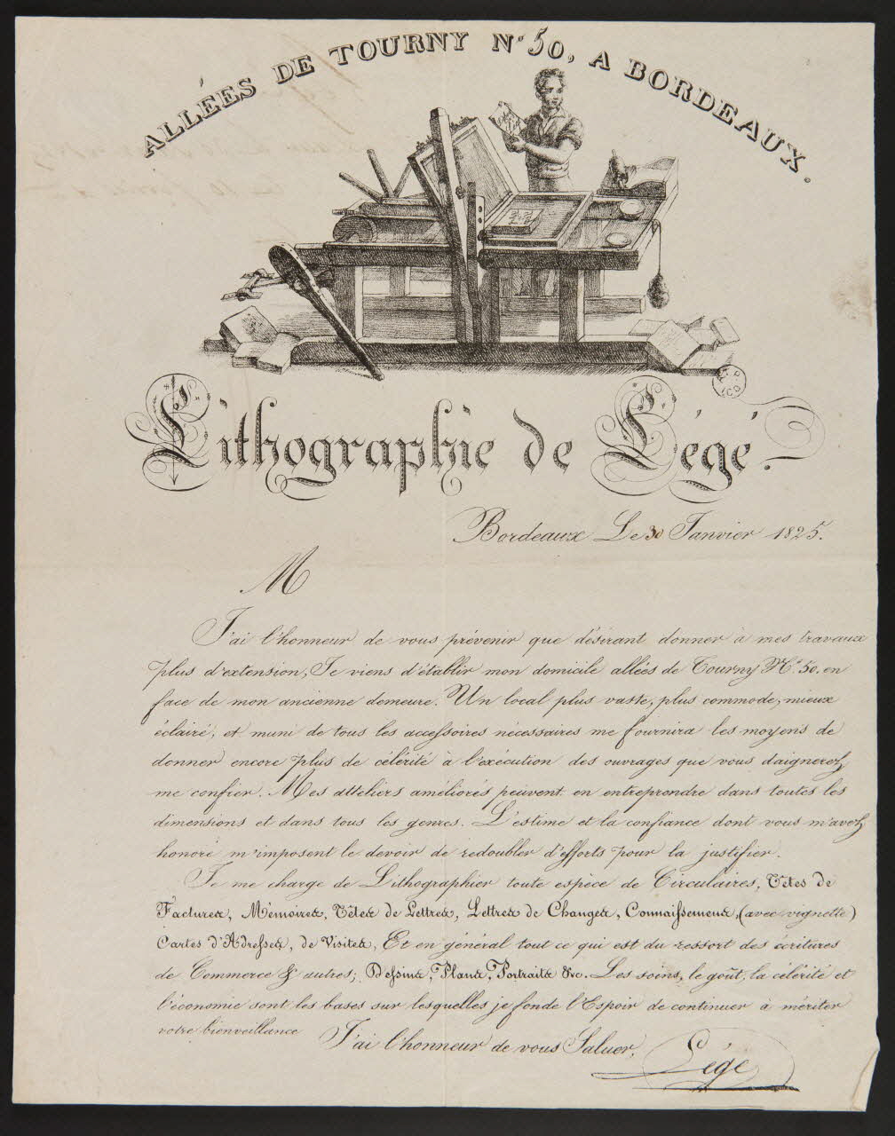 estampe ALLEES DE TOURNY N°50, A BORDEAUX.  Lithographie de Légé. 1964.122.37 Photo