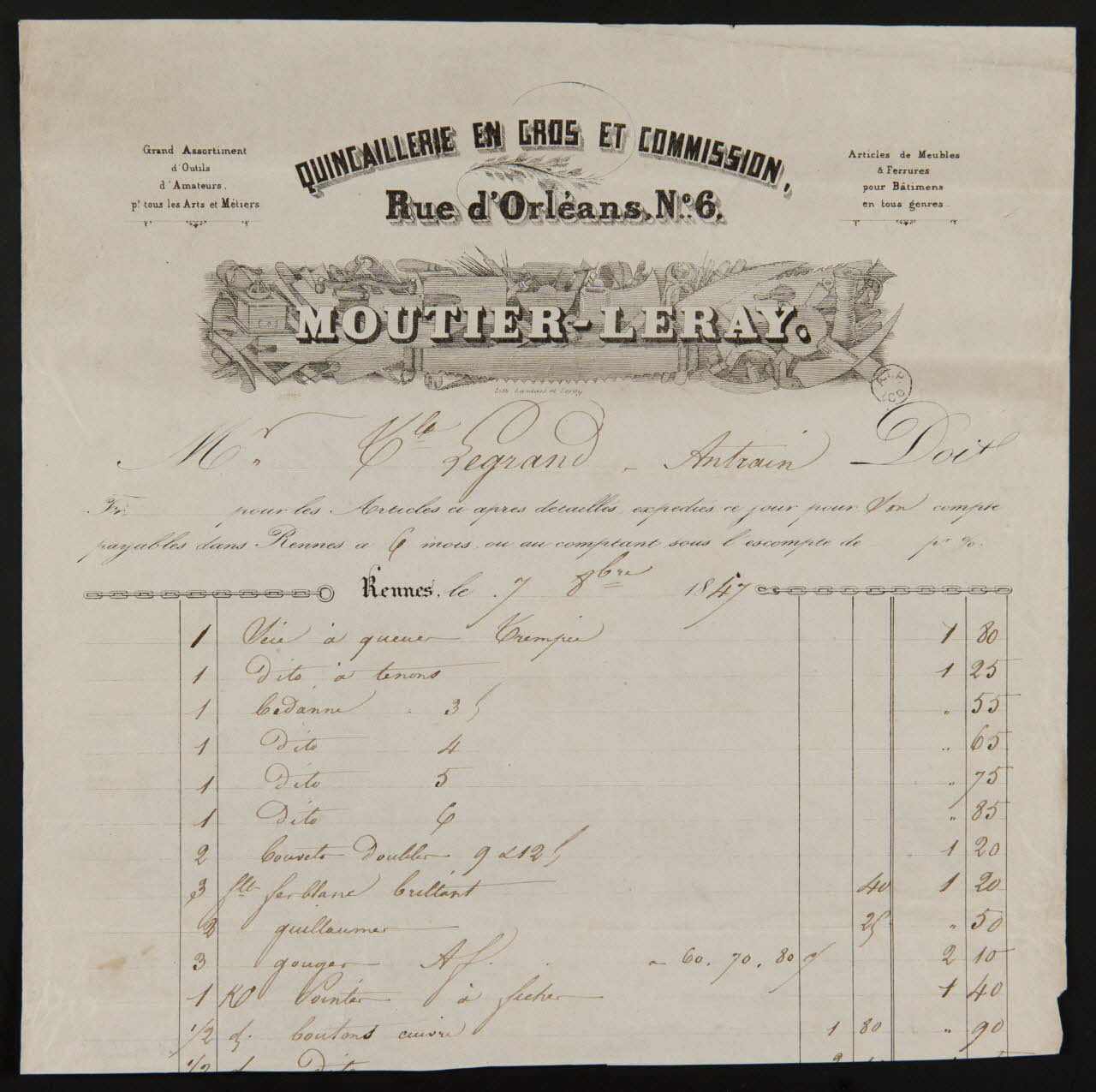 estampe QUINCAILLERIE EN GROS ET COMMISSION,  Rue d'Orléans, N°6.  MOUTIER-LERAY. 1964.122.49 Photo