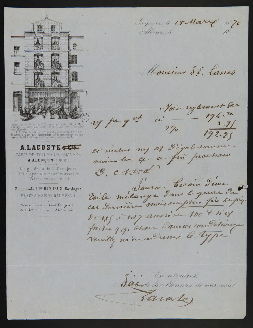 estampe A. LACOSTE & Cie  FABts DE TOILES DE CHANVRE  A ALENCON (ORNE) 1964.122.61 Photo
