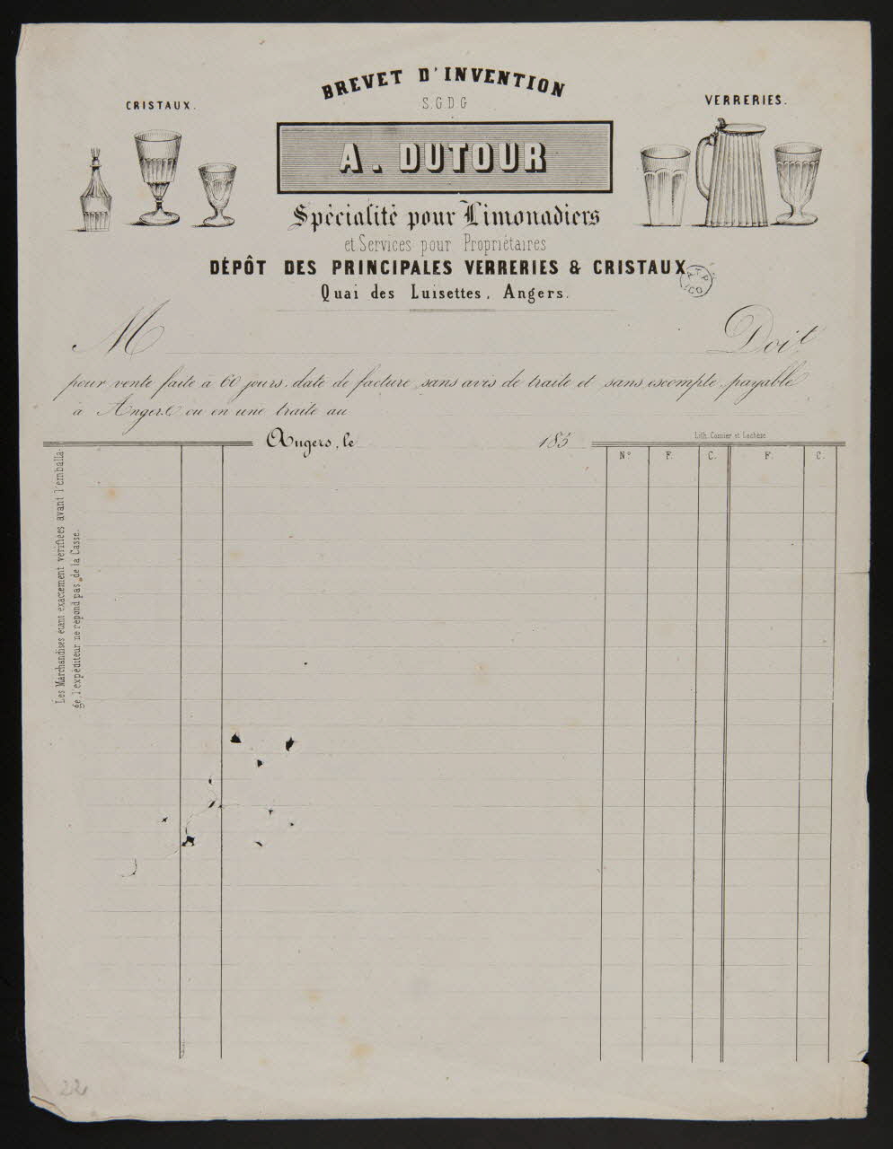 estampe A. DUTOUR  Spécialité pour Limonadiers  et Services pour Propriétaires  DEPÔT DES PRINCIPALES VERRERIES & CRISTAUX 1964.122.72 Photo