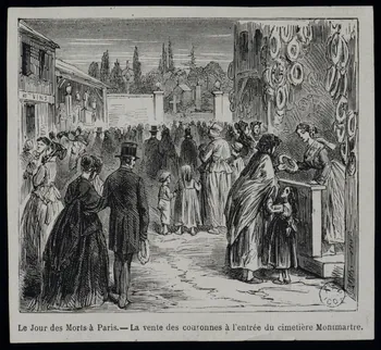 estampe Le Jour des Morts à Paris. - La vente des couronnes à l'entrée du cimetière Montmartre. 1964.129.4 Photo