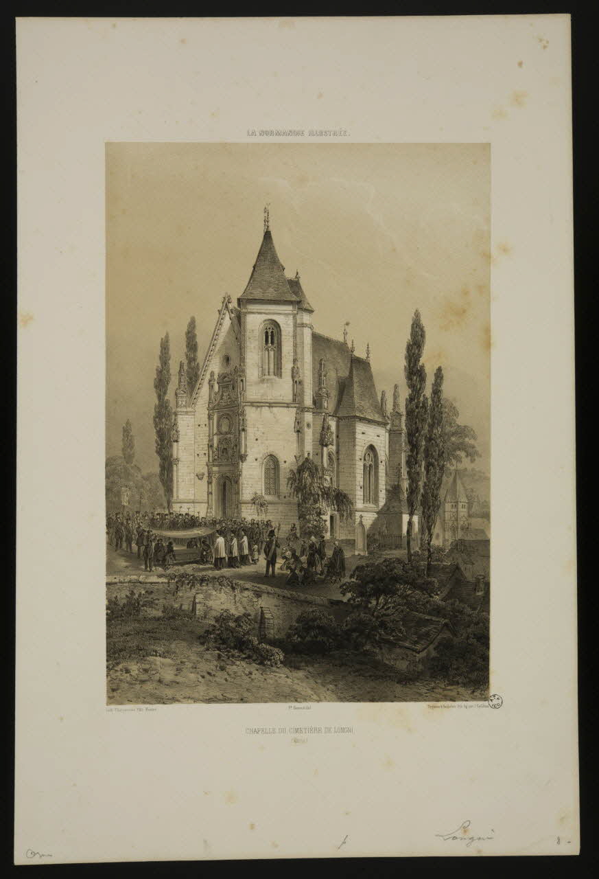 estampe LA NORMANDIE ILLUSTREE.  CHAPELLE DU CIMETIERE DE LONGNI.  (Orne) 1964.39.19 Photo