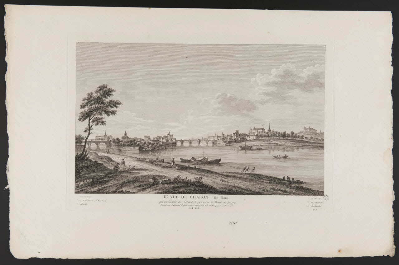 estampe IIe VUE DE CHALON sur-Saone,  qui est éclairée du Levant et prise sur le Chemin de Seurre  Dessiné par l'Allemand d'après Nature. Dirigé par Née et Masquelier 1780. 1964.39.23 Photo
