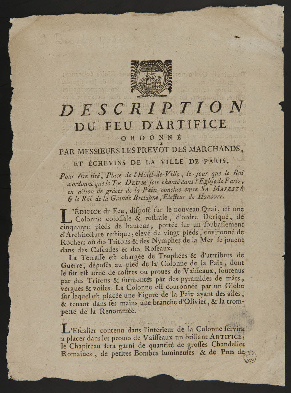 estampe DESCRIPTION  DU FEU D'ARTIFICE  ORDONNE  PAR MESSIEURS LES PREVÔT DES MARCHANDS,  ET ECHEVINS DE LA VILLE DE PARIS. 1964.39.32.2 Photo