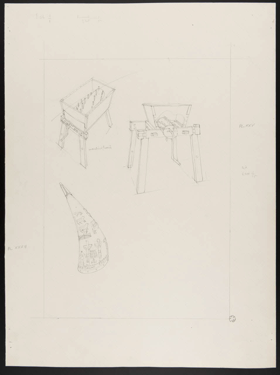 Pierre Soulier partie d'un ensemble de dessins Moulin à fumier et corne à jus de tabac sculptée et ornée d'une Crucifixion 1962 1964.40.26 Photo