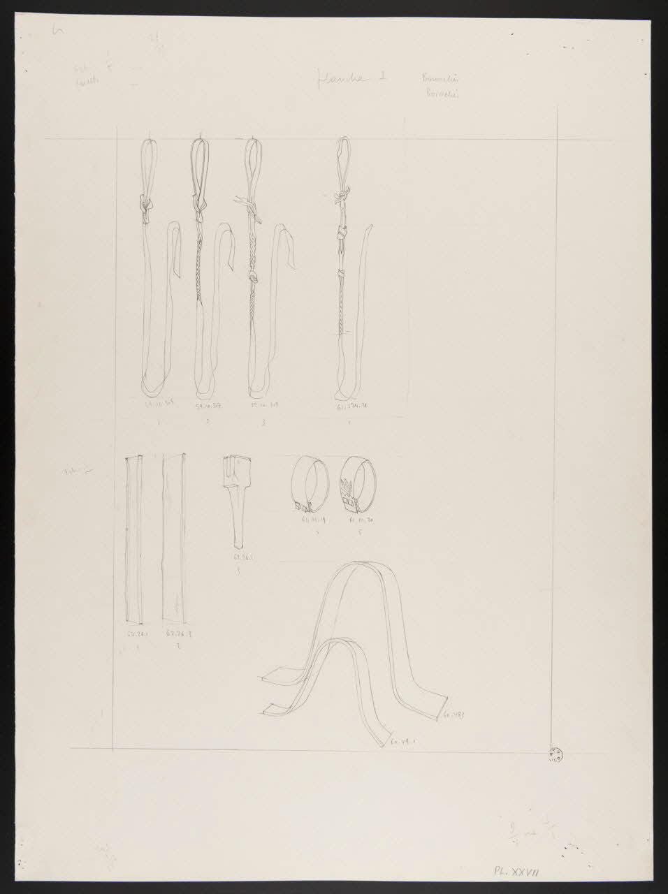 Pierre Soulier partie d'un ensemble de dessins Lanières de fouet, lames de micocoulier, plioir, colliers ronds, colliers coudés 1962 1964.40.29 Photo