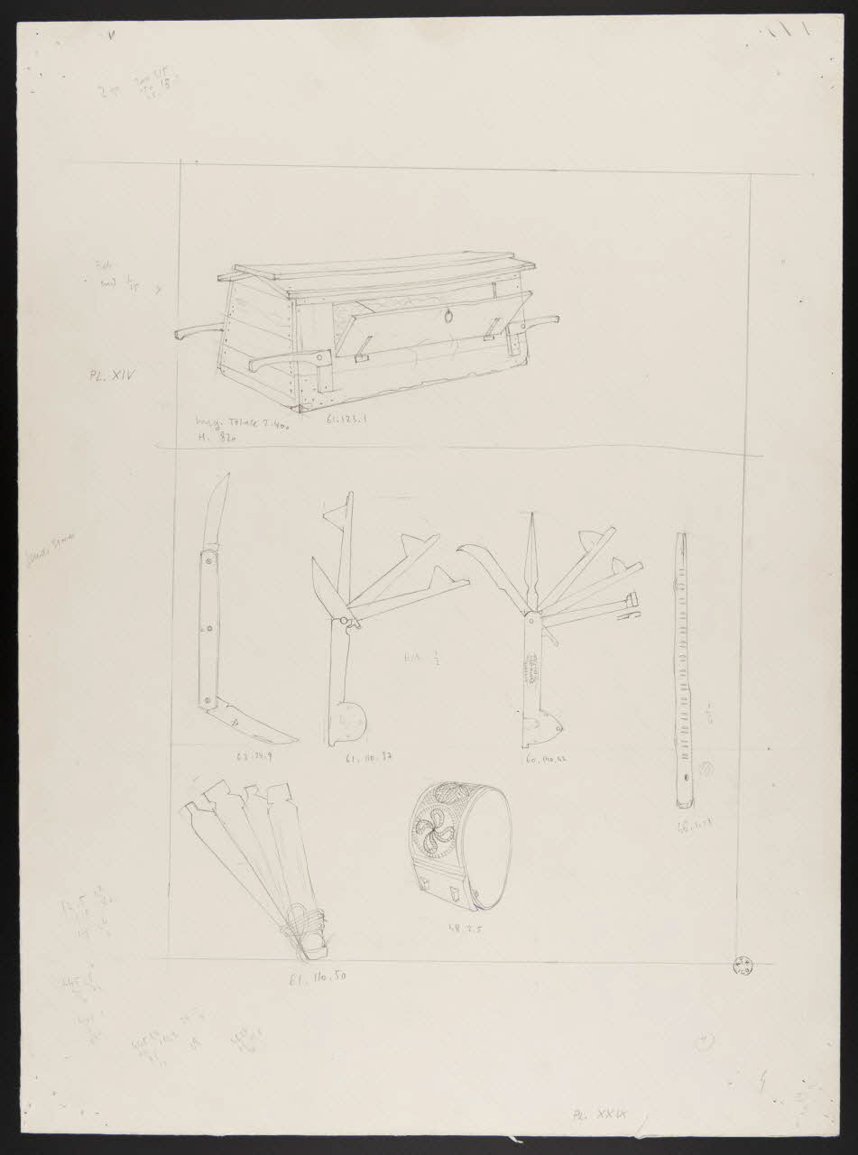 Pierre Soulier partie d'un ensemble de dessins Cabane portative de berger, couteau à piétin et à flammes, attelles, collier rond, bâton à compter 1962 1964.40.32 Photo