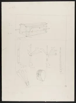 Pierre Soulier partie d'un ensemble de dessins Cabane portative de berger, couteau à piétin et à flammes, attelles, collier rond, bâton à compter 1962 1964.40.32 Photo