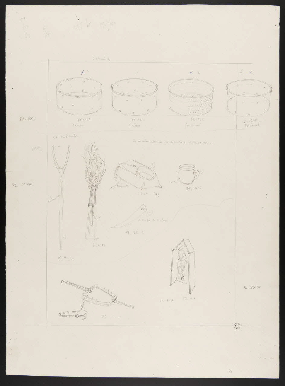 Pierre Soulier partie d'un ensemble de dessins Oratoire portatif, moule à fromage, biberon d'agneau en bois et en terre, fourche, balai, piège à ours Ile-de-France, France 1962 1964.40.33 Photo