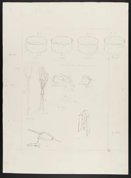 Pierre Soulier partie d'un ensemble de dessins Oratoire portatif, moule à fromage, biberon d'agneau en bois et en terre, fourche, balai, piège à ours Ile-de-France, France 1962 1964.40.33 Photo