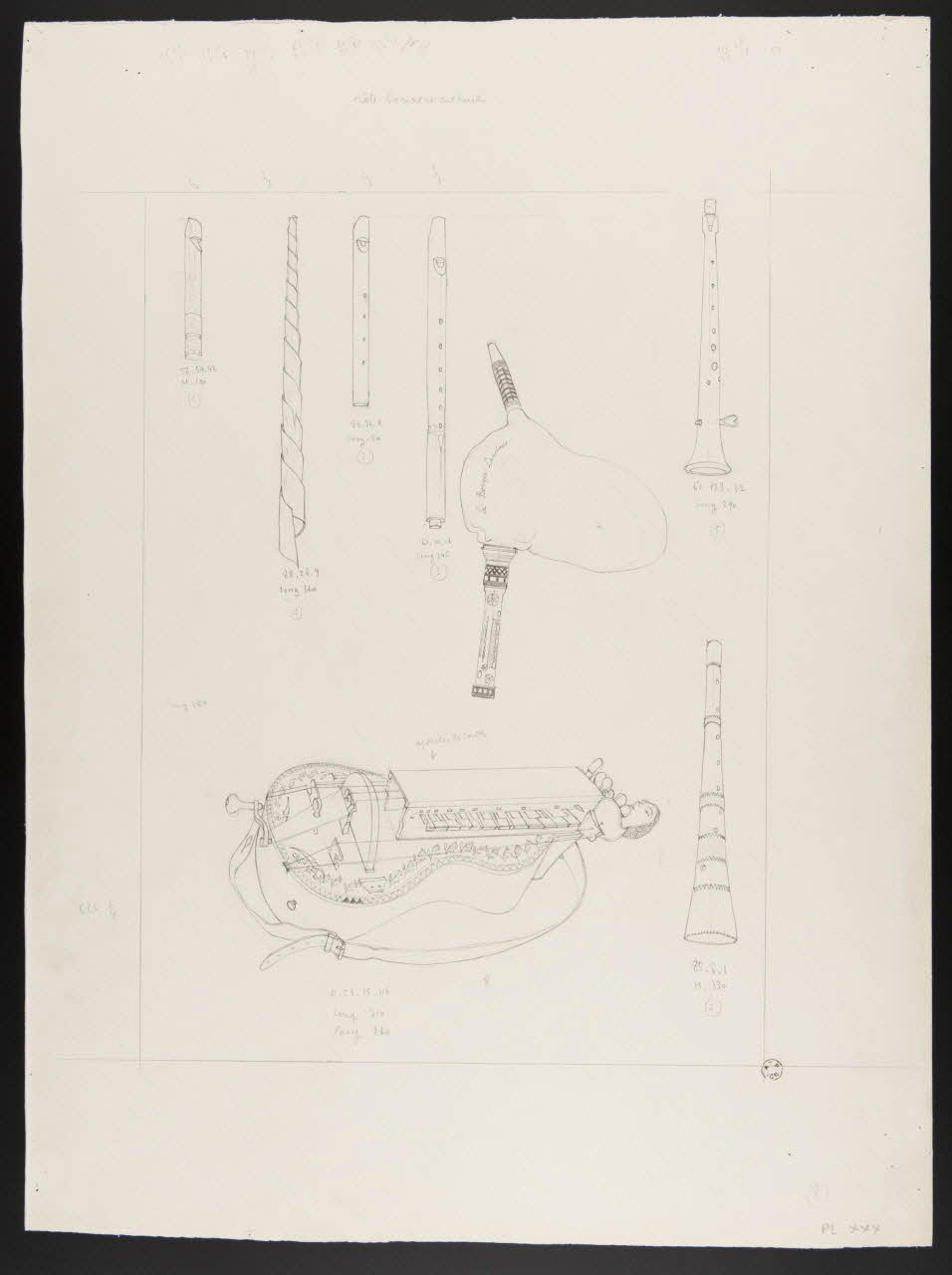 Pierre Soulier partie d'un ensemble de dessins Sifflet, flûte, hautbois, double clarinette, cornemuse, vielle à roue 1962 1964.40.34 Photo