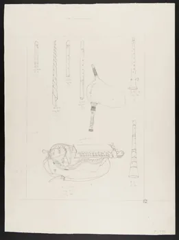 Pierre Soulier partie d'un ensemble de dessins Sifflet, flûte, hautbois, double clarinette, cornemuse, vielle à roue 1962 1964.40.34 Photo