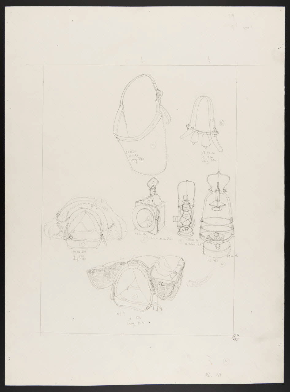 Pierre Soulier partie d'un ensemble de dessins Tablier de bélier, bat d'âne, collier coudé, lanterne 1962 1964.40.6 Photo