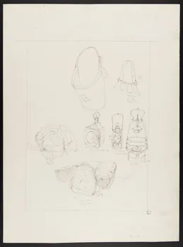Pierre Soulier partie d'un ensemble de dessins Tablier de bélier, bat d'âne, collier coudé, lanterne 1962 1964.40.6 Photo