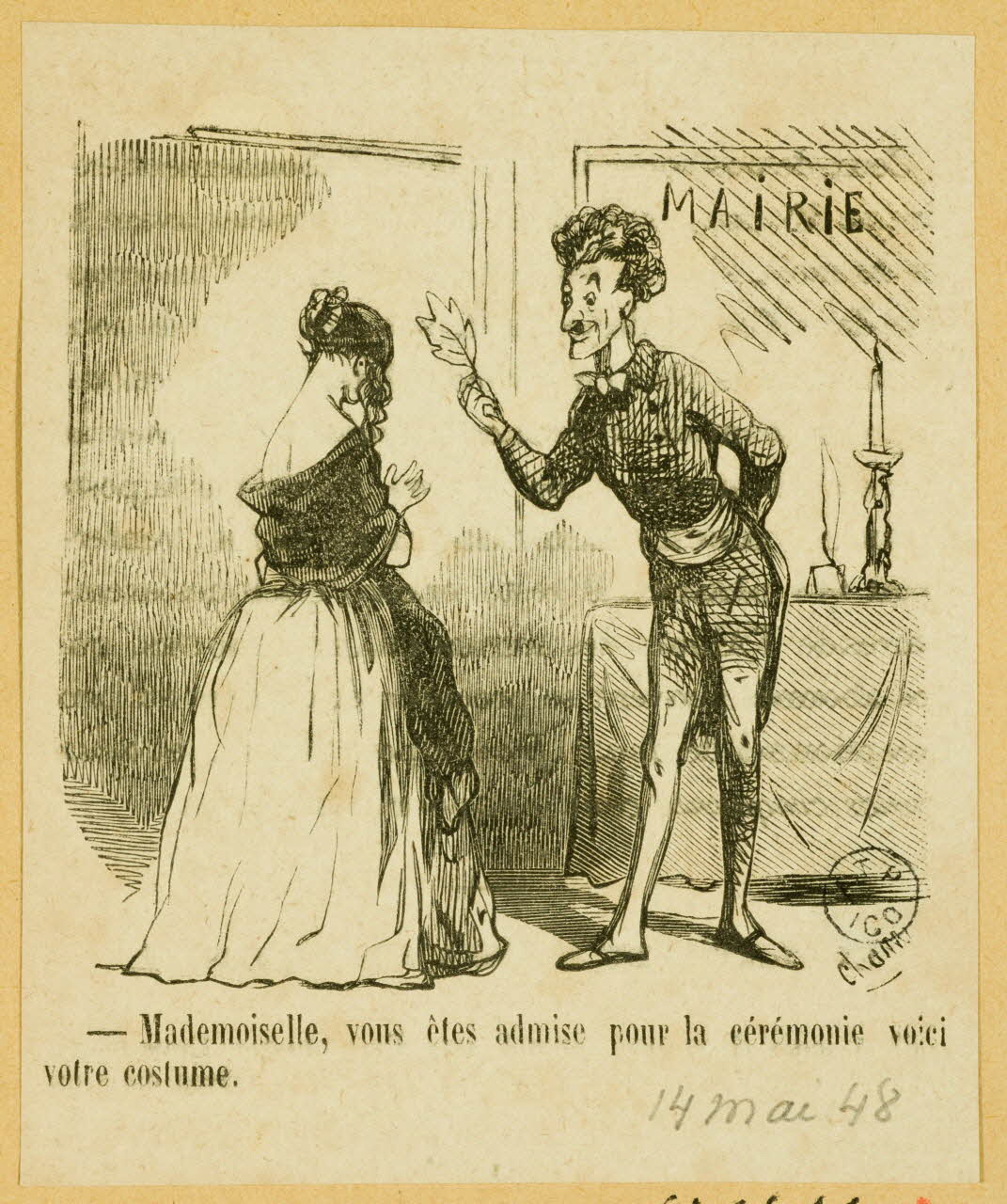 estampe - Mademoiselle, vous êtes admise pour la cérémonie voici  votre costume. 1964.64.46 Photo