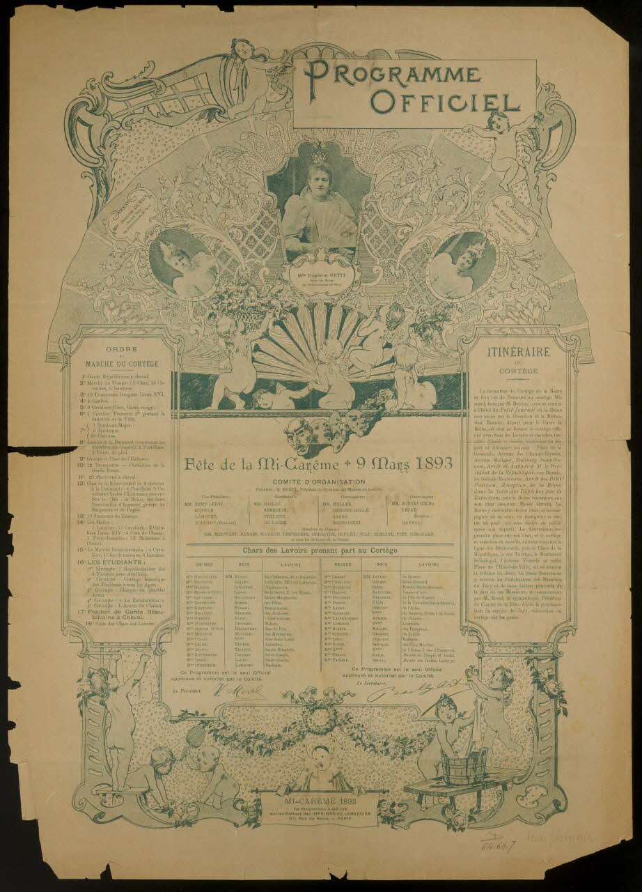 estampe LA PATRIE  PROGRAMME OFFICIEL  DU  CORTEGE DE LA MI-CAREME 1893 1964.64.7 Photo