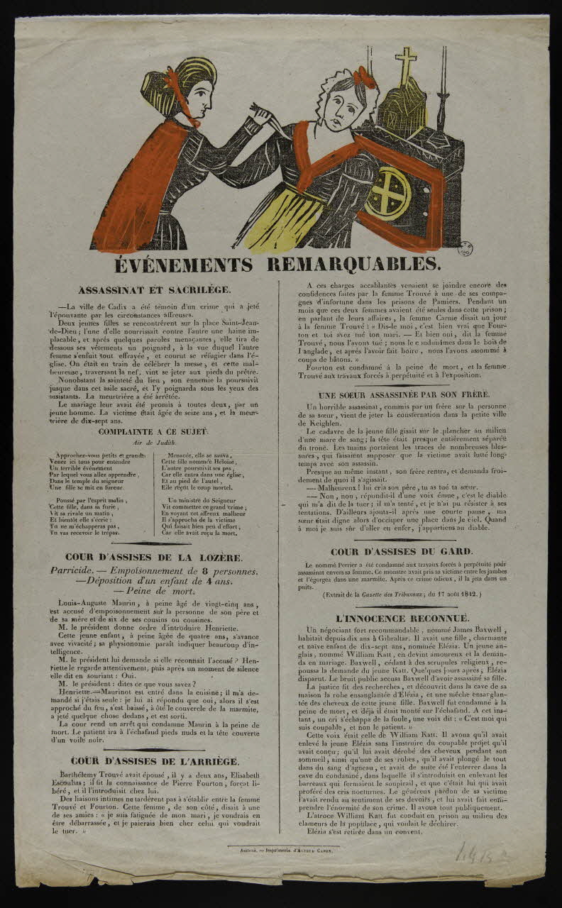 Alfred Caron canard EVENEMENTS REMARQUABLES  ASSASSINAT ET SACRILEGE Amiens 1842 1965.10.40 Photo