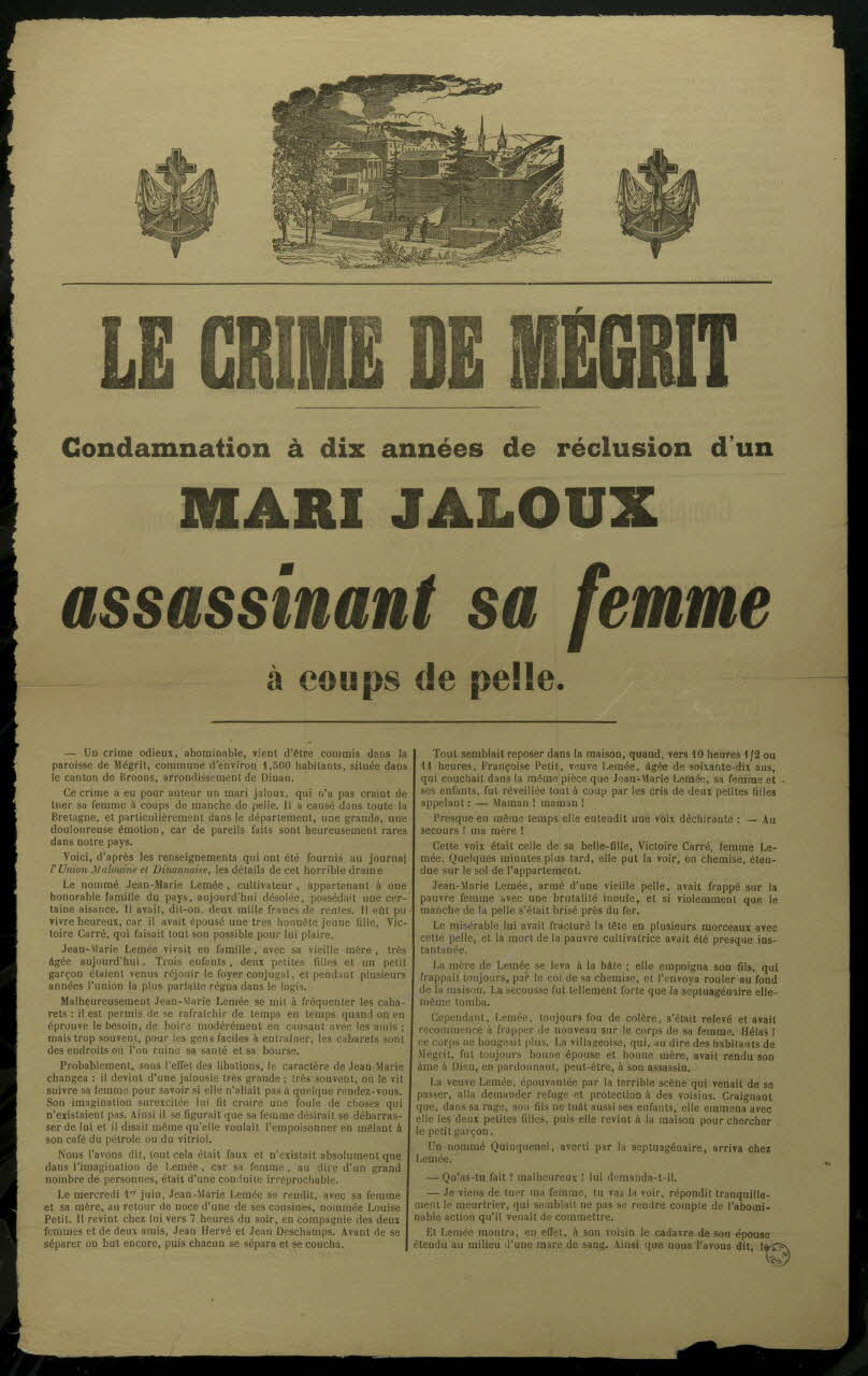 estampe LE CRIME DE MEGRIT  Condamnation à dix années de réclusion d'un  MARI JALOUX  assassinant sa femme  à coups de pelle. 1965.10.49 Photo