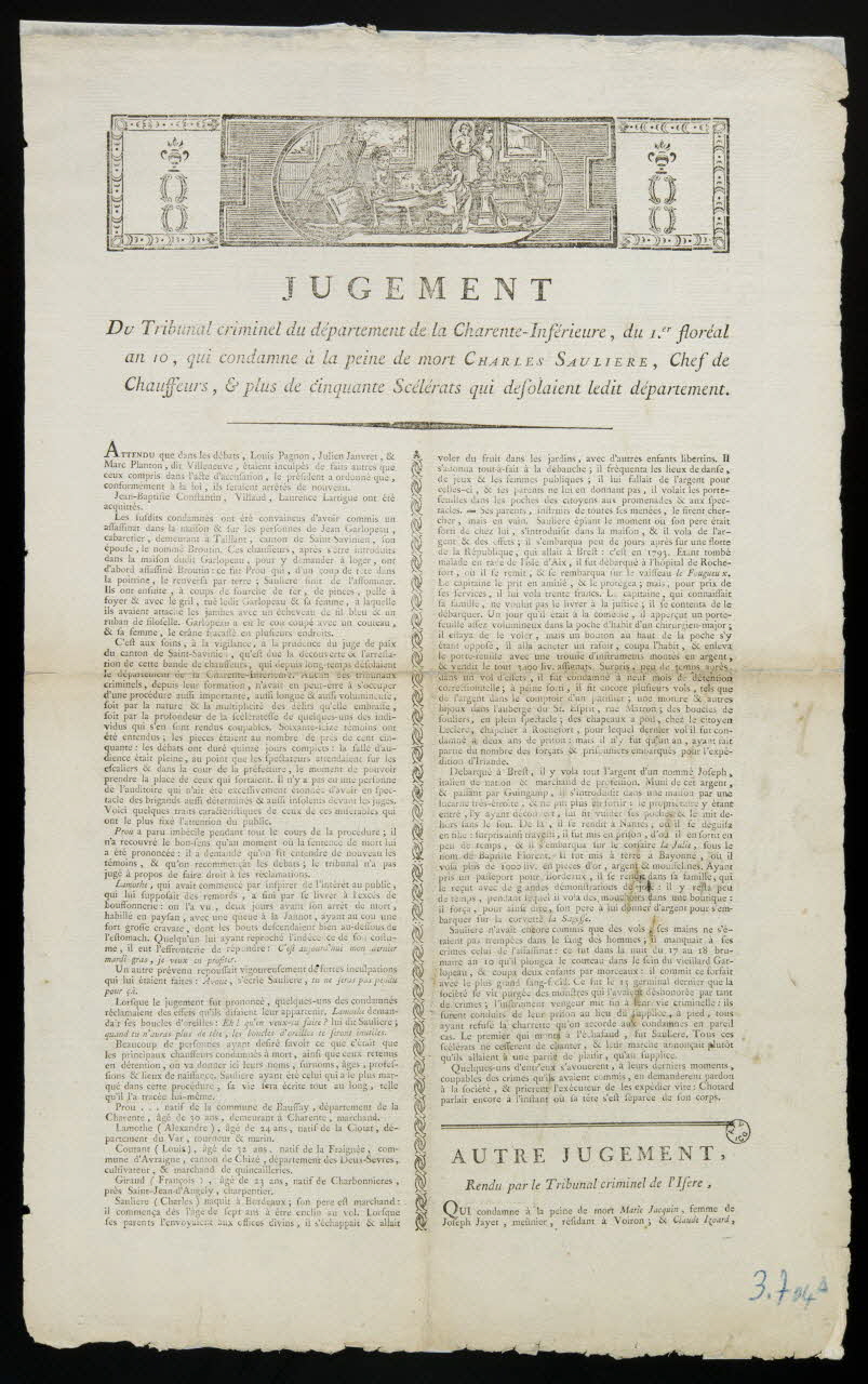 Ducry ; Lambert imagerie ancienne JUGEMENT   Du Tribunal criminel du département de la Charente-Inférieure Lyon 1802 1965.10.50 Photo