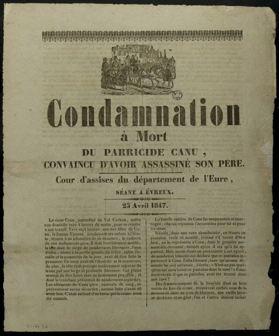 Jacquet canard Condamnation  à Mort  DU PARRICIDE CANU,  CONVAINCU D'AVOIR ASSASSINE SON PERE. Avignon 1847 1965.10.54 Photo