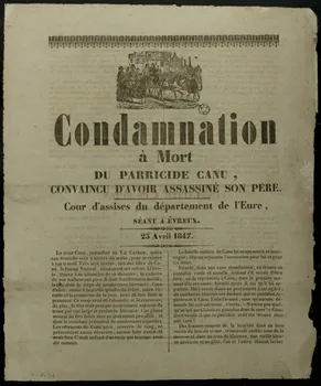 Jacquet canard Condamnation  à Mort  DU PARRICIDE CANU,  CONVAINCU D'AVOIR ASSASSINE SON PERE. Avignon 1847 1965.10.54 Photo