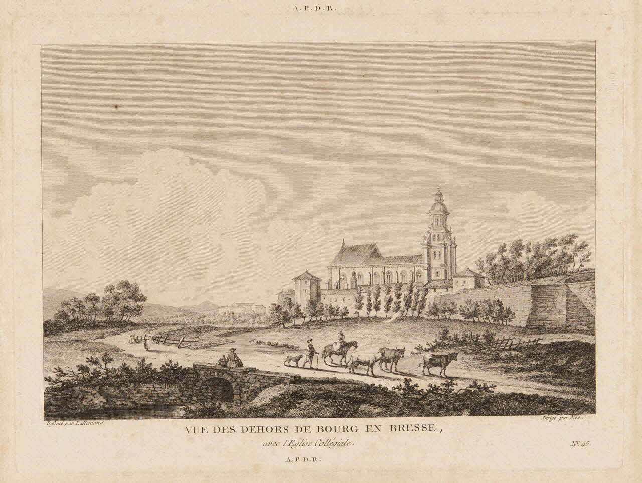estampe VUE DES DEHORS DE BOURG EN BRESSE,  avec l'Eglise Collégiale. 1965.14.2.2 Photo