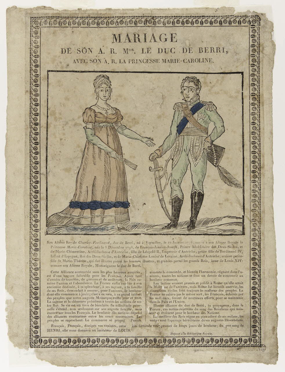 imagerie ancienne MARIAGE  DE SON A.R.MGR LE DUC DE BERRI,  AVEC SON A.R.LA PRINCESSE MARIE-CAROLINE. Cambrai 1816 1965.75.134 Photo