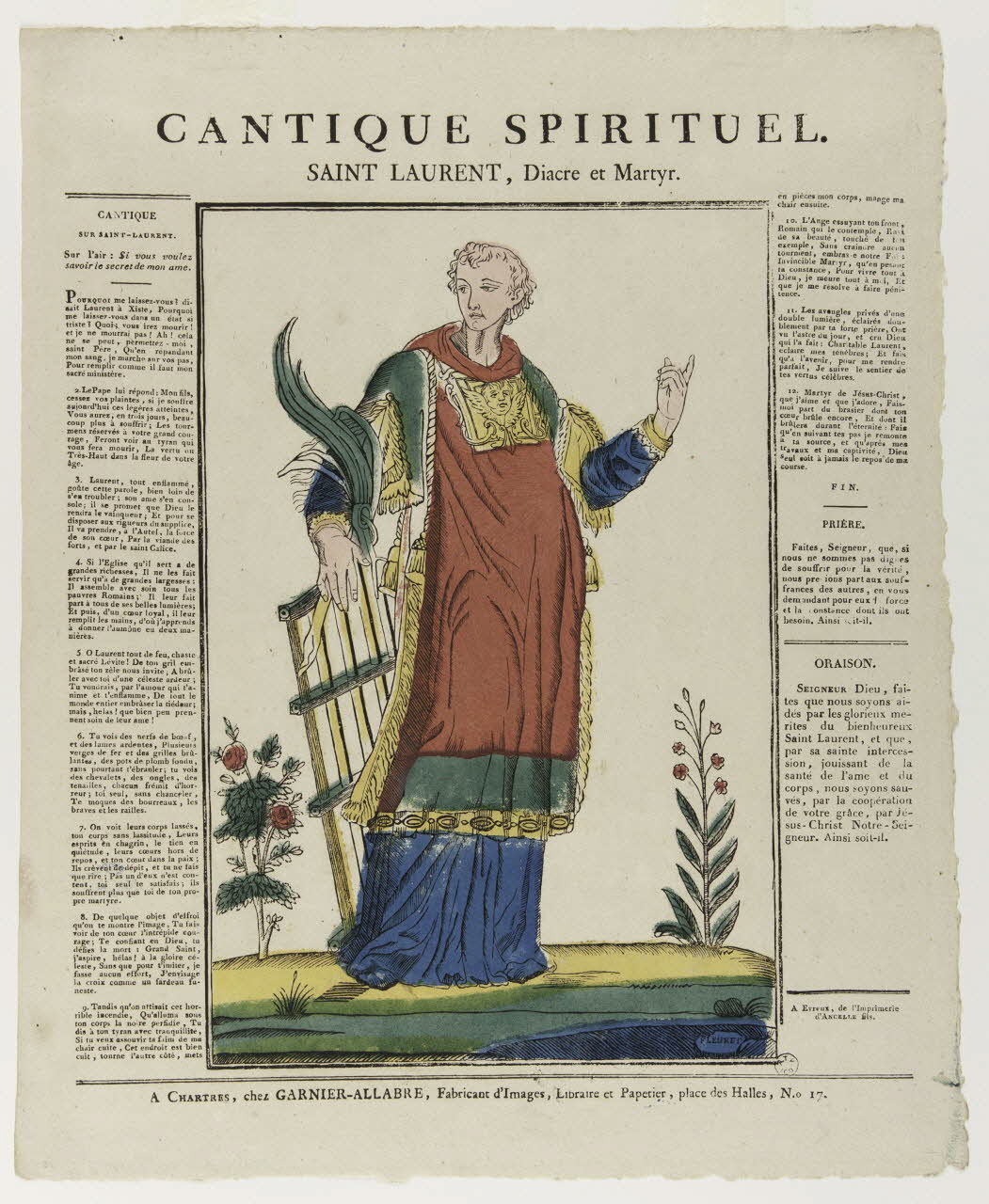 Fleuret ; Jacques-Pierre Garnier-Allabre imagerie ancienne CANTIQUE SPIRITUEL.  SAINT LAURENT, Diacre et Martyr. Chartres 1822-1823 1965.75.192 Photo