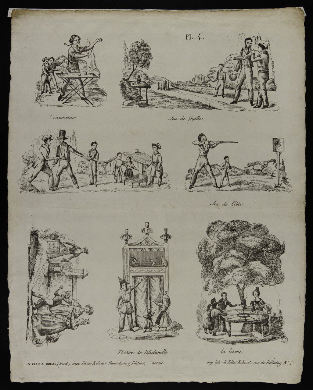 estampe L'escamoteur.  Jeu de Quilles.  Jeu de Cible.  Théâtre de Polichinelle.  la Loterie. 1965.75.213 Photo
