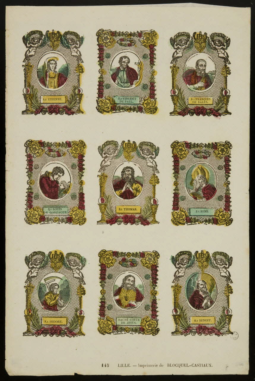 Antoine Thiébault ; Jean-Baptiste Castiaux ; Simon-François Blocquel suite de figures (3x3) Planche de saintetés Lille 1837-1863 1965.75.475 Photo
