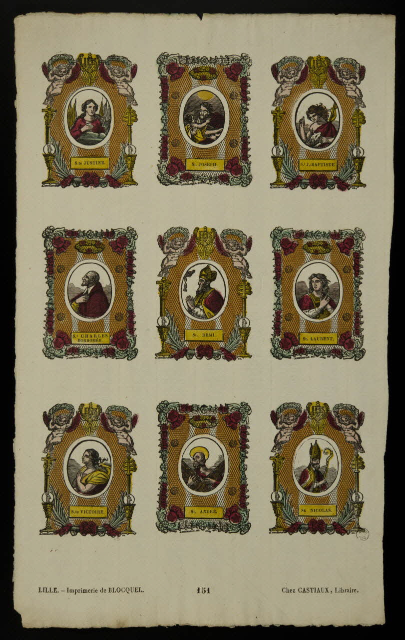 Antoine Thiébault ; Jean-Baptiste Castiaux ; Simon-François Blocquel imagerie ancienne Planche de saintetés Lille 1829-1837 1965.75.482 Photo