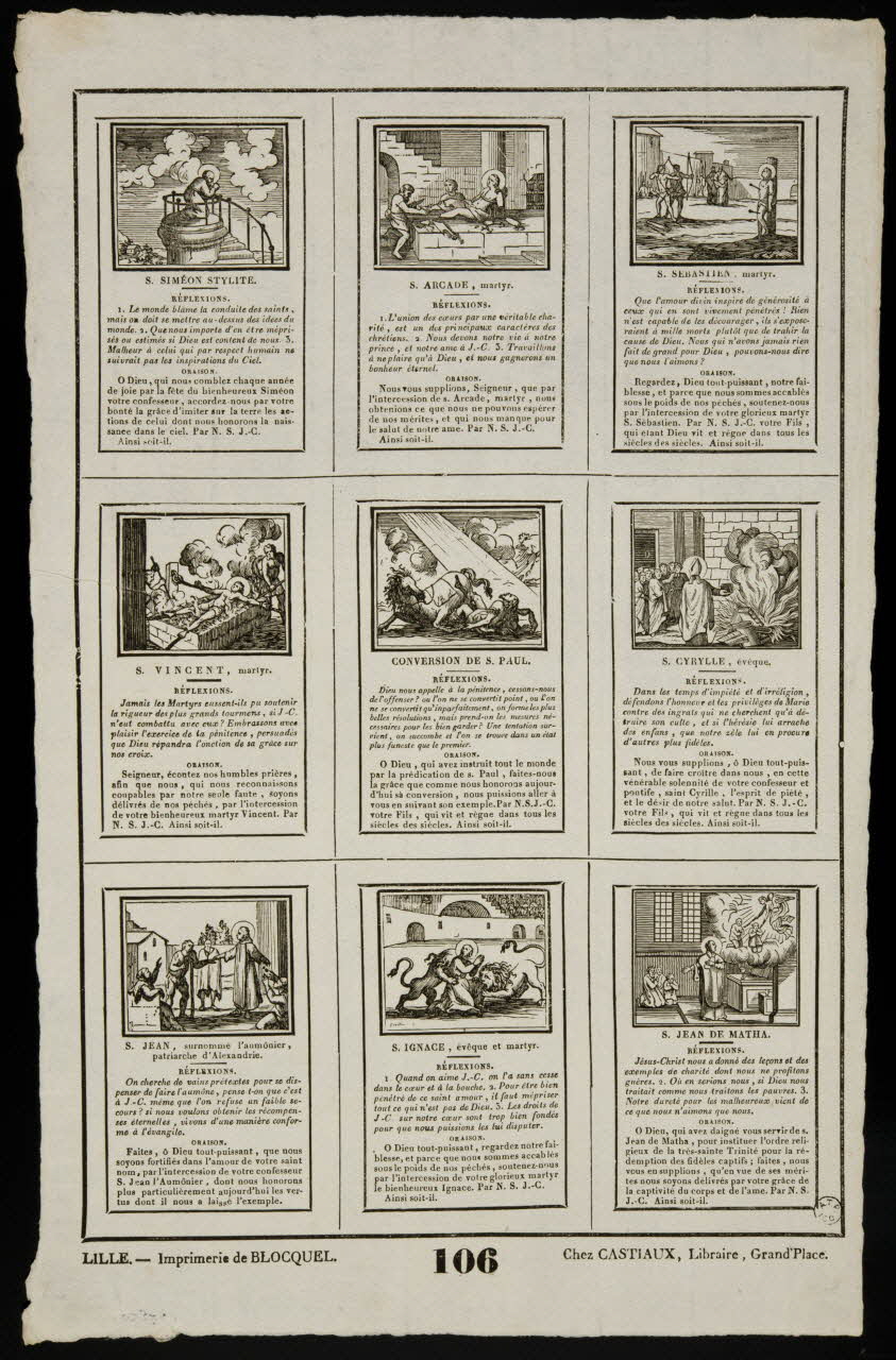 Jean-Michel Papillon ; Jean-Baptiste Castiaux ; Simon-François Blocquel imagerie ancienne Planche de saintetés Lille 1809-1837 1965.75.500 Photo