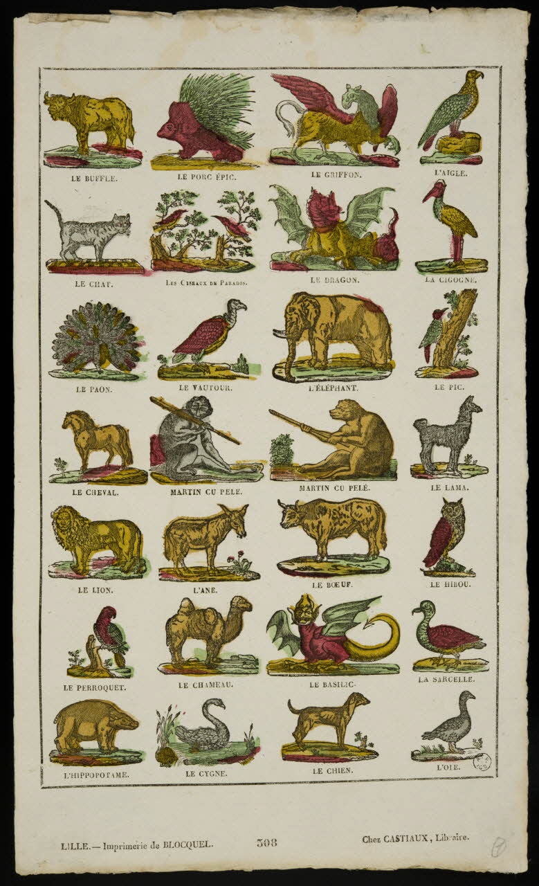 Jean-Baptiste Castiaux ; Simon-François Blocquel imagerie ancienne Planche d'animaux Lille 1809-1837 1965.75.542 Photo