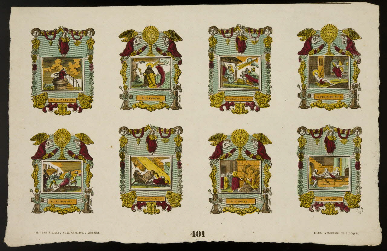 Antoine Thiébault ; Jean-Baptiste Castiaux ; Simon-François Blocquel imagerie ancienne Planche de saintetés Lille 1830-1837 1965.75.568 Photo