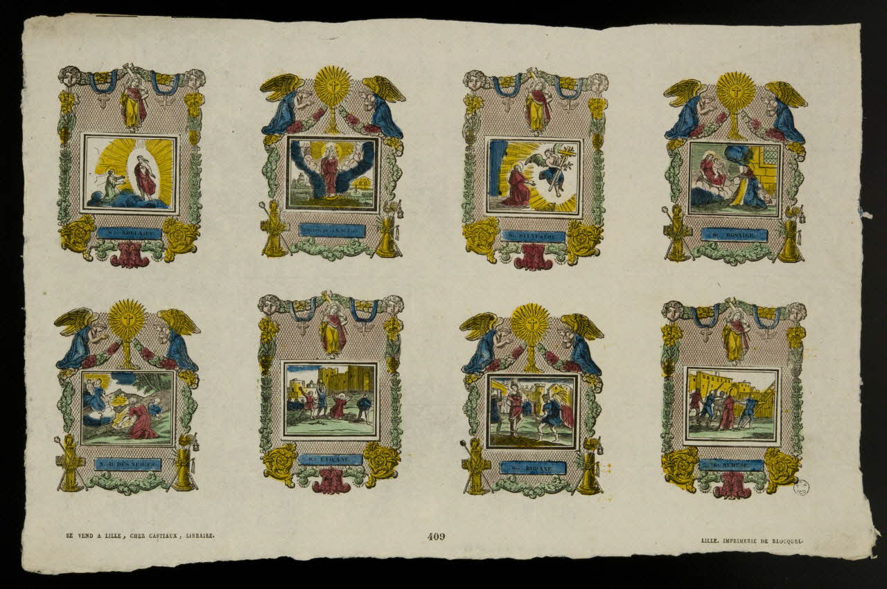 Antoine Thiébault ; Jean-Baptiste Castiaux ; Simon-François Blocquel imagerie ancienne Planche de saintetés Lille 1830-1837 1965.75.573 Photo