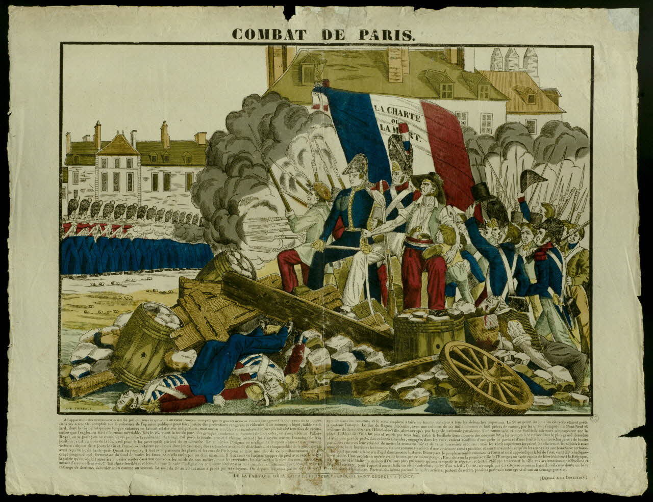 Jean-Baptiste Thiébault ; Lacour Jacques Stanislas Prosper Hubert (imprimeur, li imagerie ancienne COMBAT DE PARIS. Nancy 1831 1965.75.748 Photo