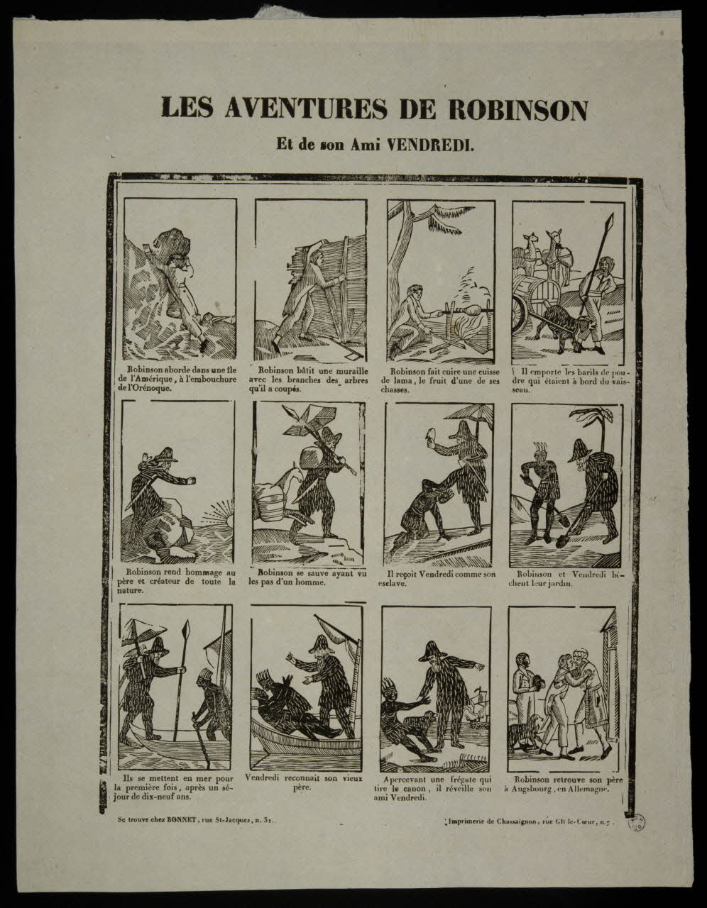 Bonnet ; Antoine Chassaignon suite de scènes (3x4) LES AVENTURES DE ROBINSON  Et de son ami VENDREDI. Paris 1837 1965.75.813 Photo