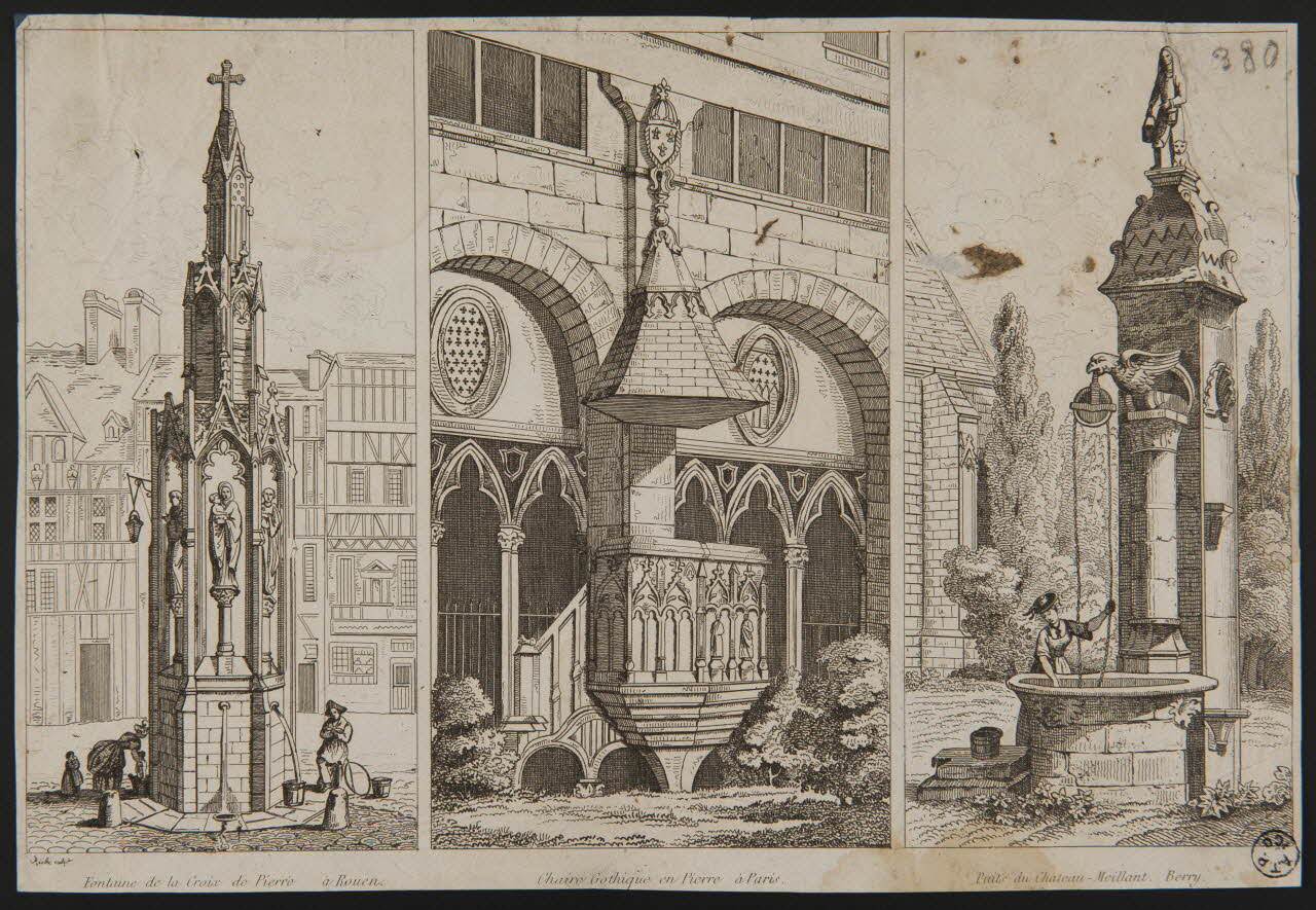estampe Fontaine de la Croix de Pierre à Rouen.  Chaire Gothique en Pierre à Paris.  Puits du Chateau-Meillant. Berry. 1966.17.23 Photo