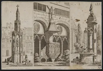 estampe Fontaine de la Croix de Pierre à Rouen.  Chaire Gothique en Pierre à Paris.  Puits du Chateau-Meillant. Berry. 1966.17.23 Photo