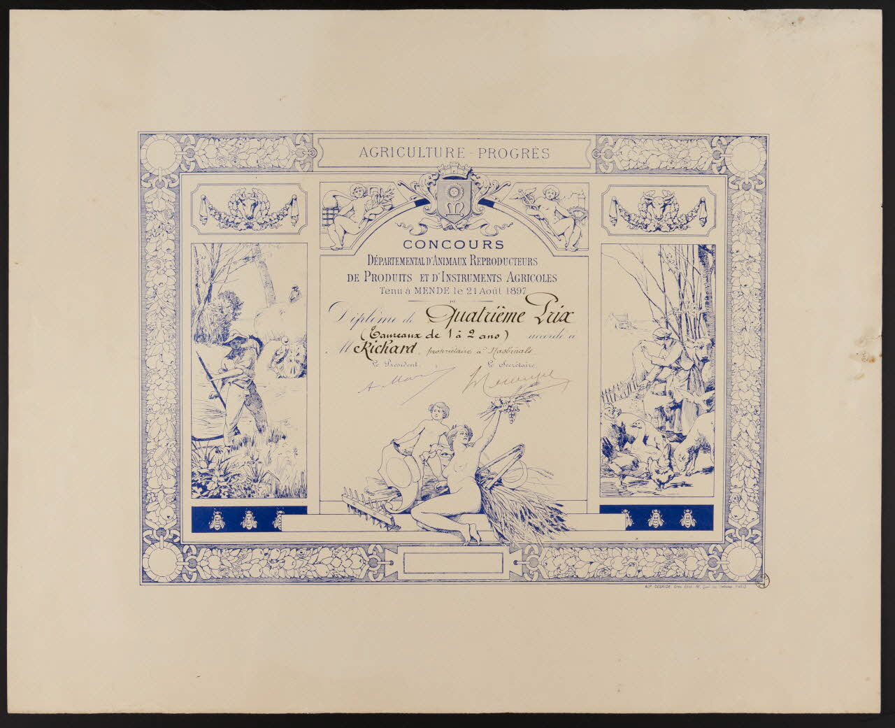 estampe CONCOURS  DEPARTEMENTAL D'ANIMAUX REPRODUCTEURS  DE PRODUITS ET D'INSTRUMENTS AGRICOLES  Tenu à MENDE le 21 Août 1897 1966.66.225 Photo