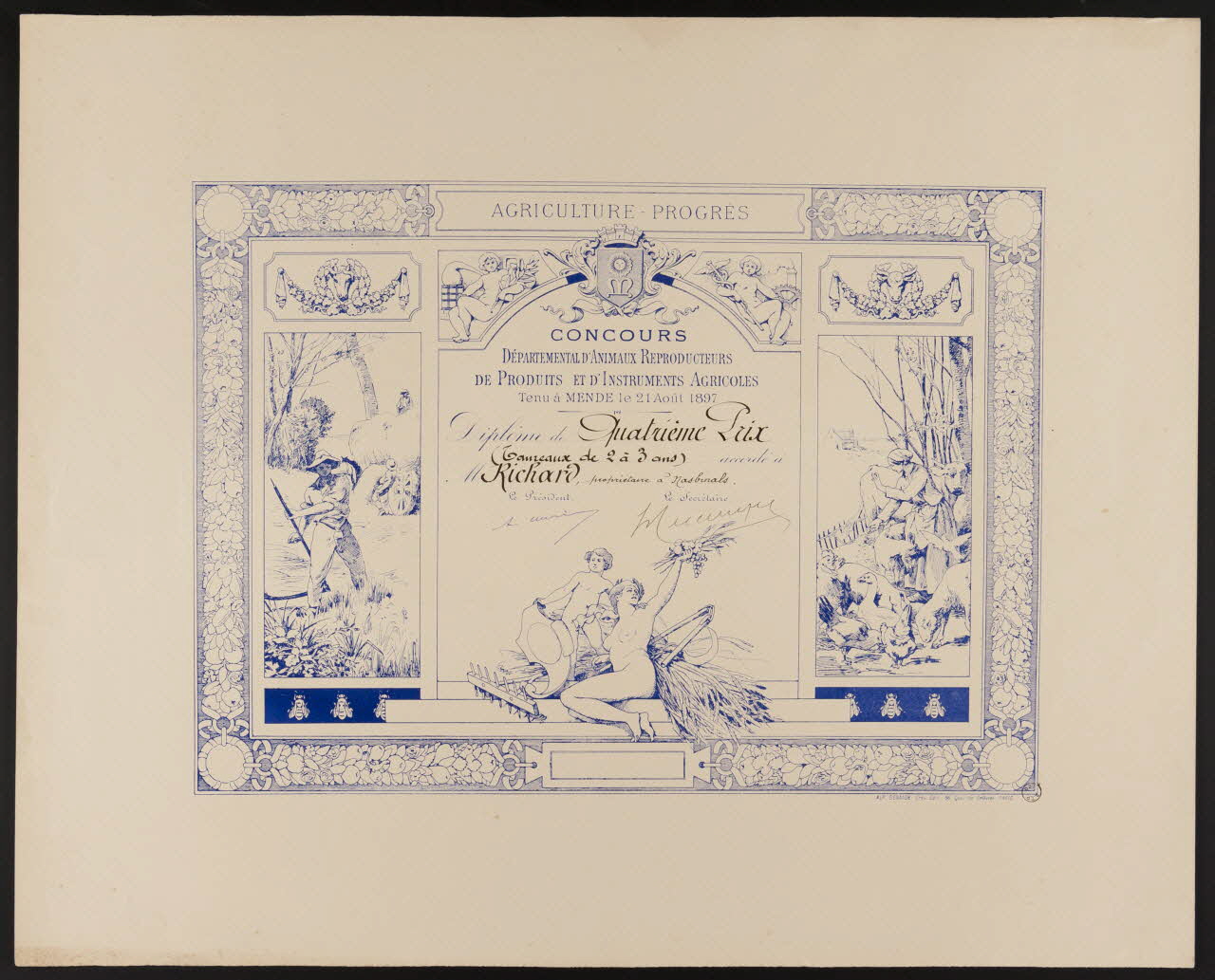 estampe CONCOURS  DEPARTEMENTAL D'ANIMAUX REPRODUCTEURS  DE PRODUITS ET D'INSTRUMENTS AGRICOLES  Tenu à MENDE le 21 Août 1897 1966.66.227 Photo