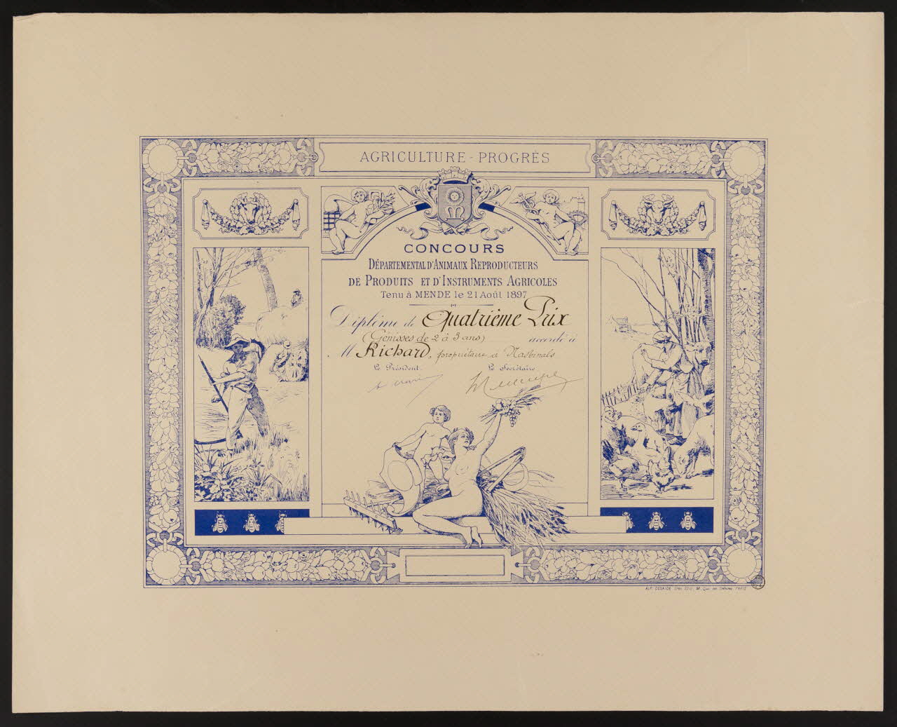 estampe CONCOURS  DEPARTEMENTAL D'ANIMAUX REPRODUCTEURS  DE PRODUITS ET D'INSTRUMENTS AGRICOLES  Tenu à MENDE le 21 Août 1897 1966.66.228 Photo
