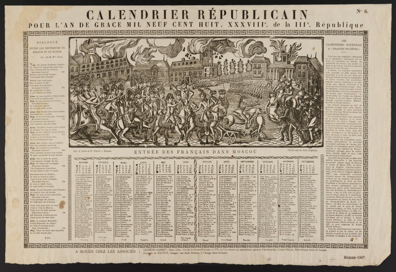 Laurent-Thomas-Joseph Lecrène-Labbey ; Georges de Hautot imagerie ancienne CALENDRIER REPUBLICAIN  POUR L'AN DE GRACE MIL NEUF CENT HUIT, XXXVIIIe de la IIIe République Rouen 1907 1966.81.150 Photo