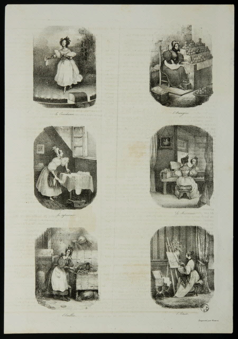 estampe La Comédienne  l'Orangère.  La repasseuse.  La Musicienne.  l'Ecaillère.  l'Artiste. 1966.81.197 Photo