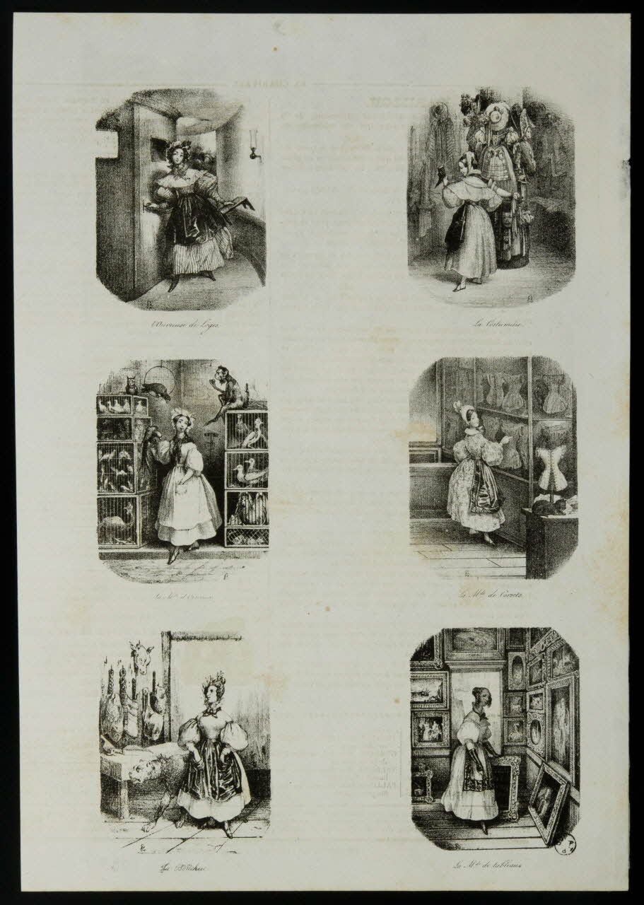 estampe l'Ouvreuse de Loges.  La Costumière.  La Mde d'Oiseaux  La Mde de Corsets.  La Bouchere.  La Mde de tableaux 1966.81.198 Photo