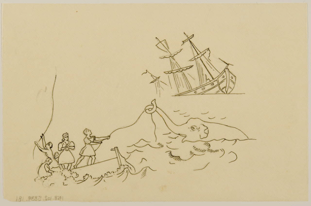 partie d'un ensemble de dessins Eléphant dans l'eau et bateau 1968.102.5339.181 Photo