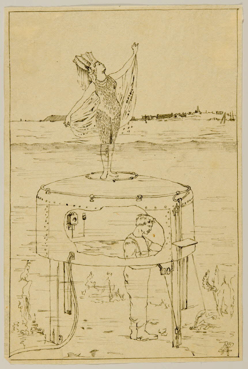 partie d'un ensemble de dessins Femme en costume et homme actionnant une machine 1968.102.5339.193 Photo