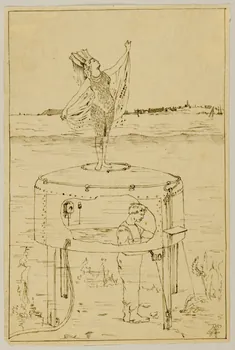 partie d'un ensemble de dessins Femme en costume et homme actionnant une machine 1968.102.5339.193 Photo